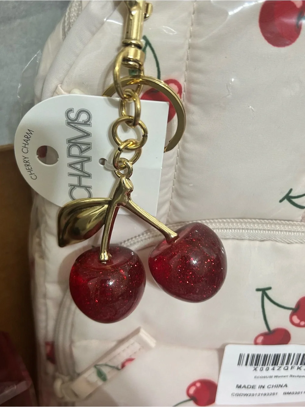 Cherry Print Quilted Backpack Charm Victoria’s Secret Bombshell Mist NWT - Picture 4 of 12